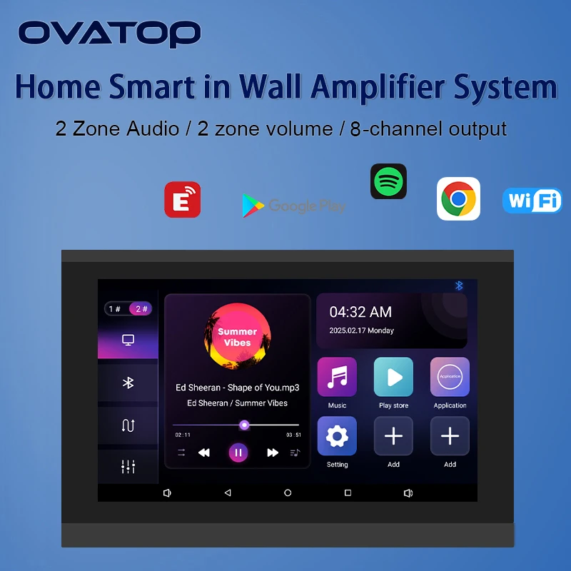 Home smart Background music player system 2 zone audio volume sound effect in wall power amplifier USB TF music controls panel