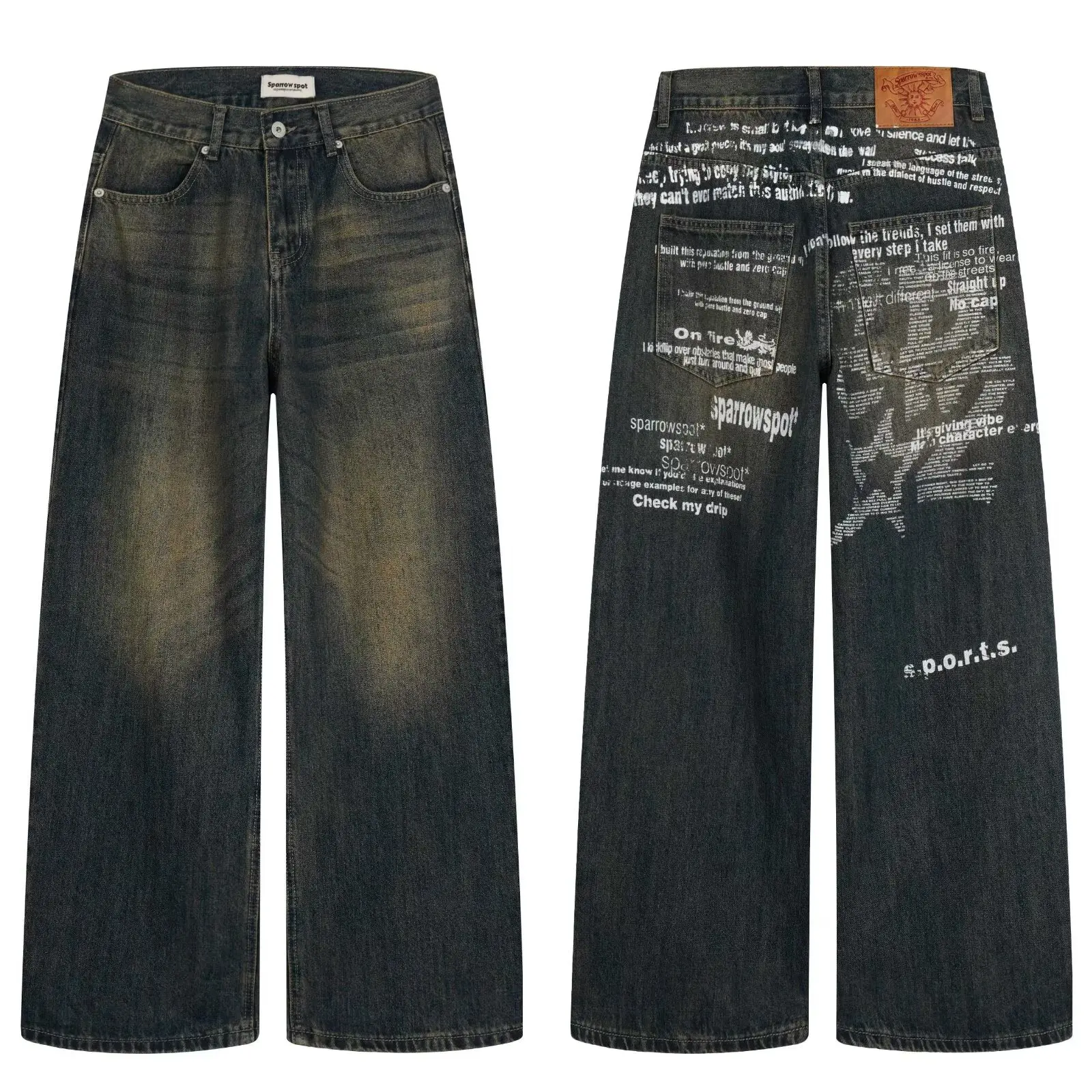 Retro American Colored Letter Slogan Jeans Loose Straight Leg Floor-Length Casual Pants for Autumn Winter Street Style