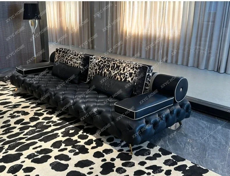 AAHigh-end Leopard Print Buckle Sofa Villa Luxury Design High-end Custom Leather Straight-row Sofa