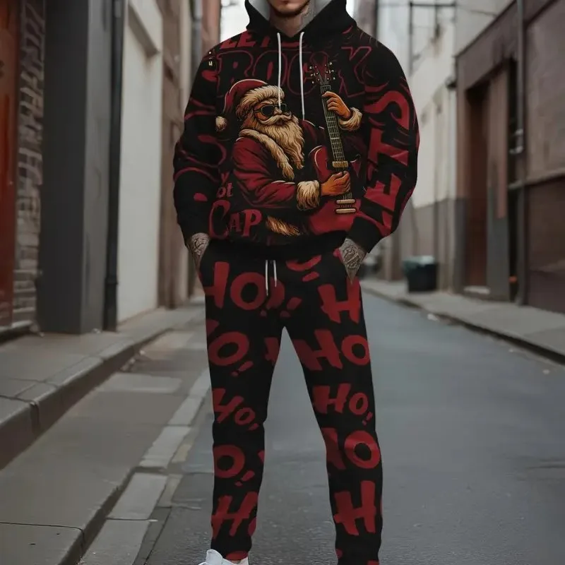 남성용 후드티 세트는 봄, 가을, 크리스마스에 적합하며 부드럽고 캐주얼하며 산타클로스 프린트가 있는 패셔너블한 제품입니다.