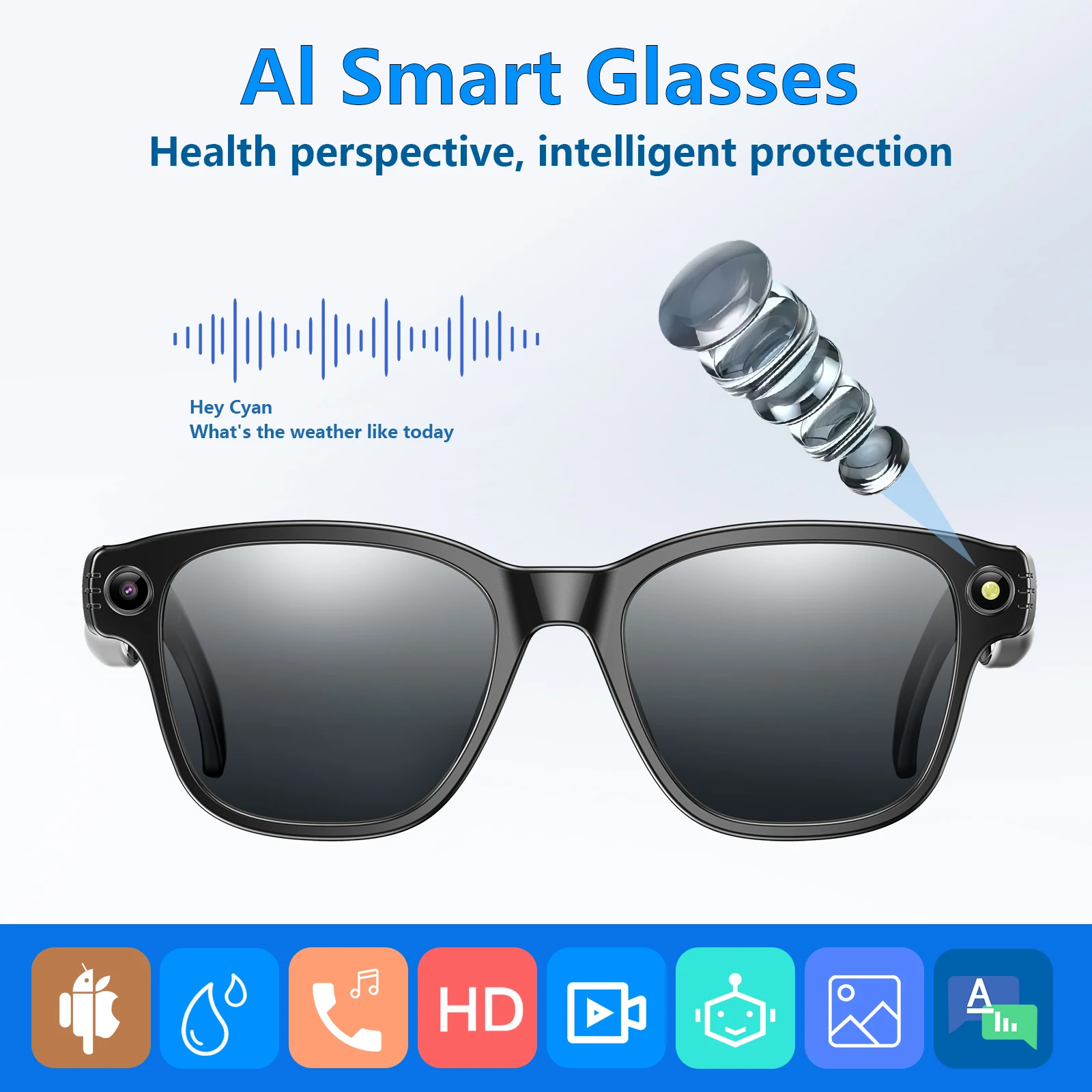 AI Smart Glasses Translator Visual 800W Camera Anti-Shake 1200P High Video Recording Bluetooth Voice Assistant Control AI Glasse