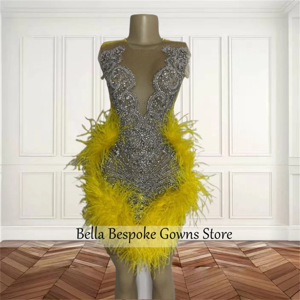 Yellow O Neck Short Prom Dresses For Black Girls Beaded Crystal 2024 Birthday Luxury Dress Feathers Mini Cocktail Homecoming