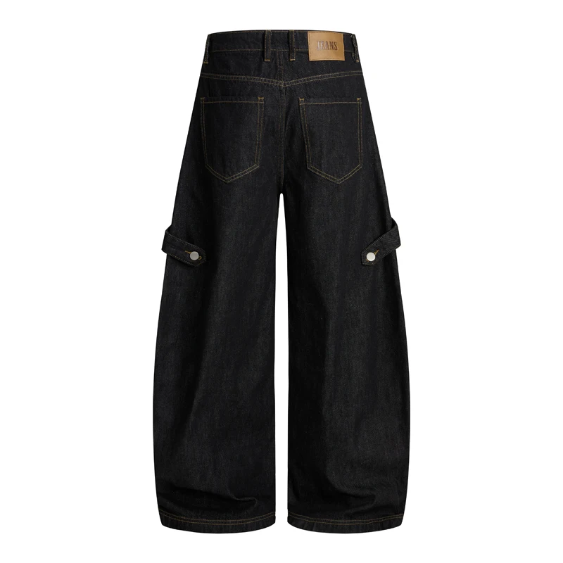 Vintage American Style Trendy Black Men's Boot Cut Jeans Visible Stitching Loose Fit Functional Denim Long Apnts