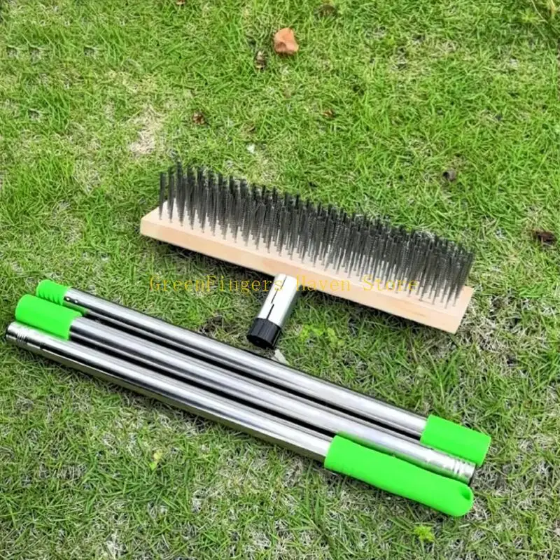 F68D Wire Broom Heavy Duty Wire Broom Wooden Handle Garden Broom Garden Deck Moss Cleaner Outdoor Cleaning Accessories