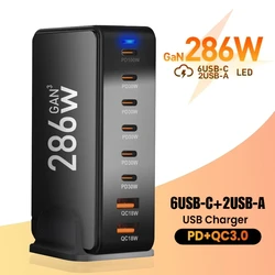 Ładowarka 286W GaN USB C 8-portowa stacja szybkiego ładowania typu C do iPhone'a 15 Pro Max Samsung Ładowarka PD Zasilacz do laptopa