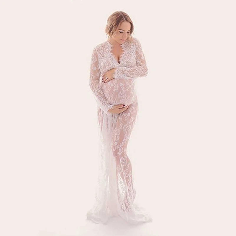 

Pregnancy Long Dress Pregnant Women Photography Props V Neck Gown Baby Shower Photo Shoot Outfits Maternity Lace Maxi Dresses