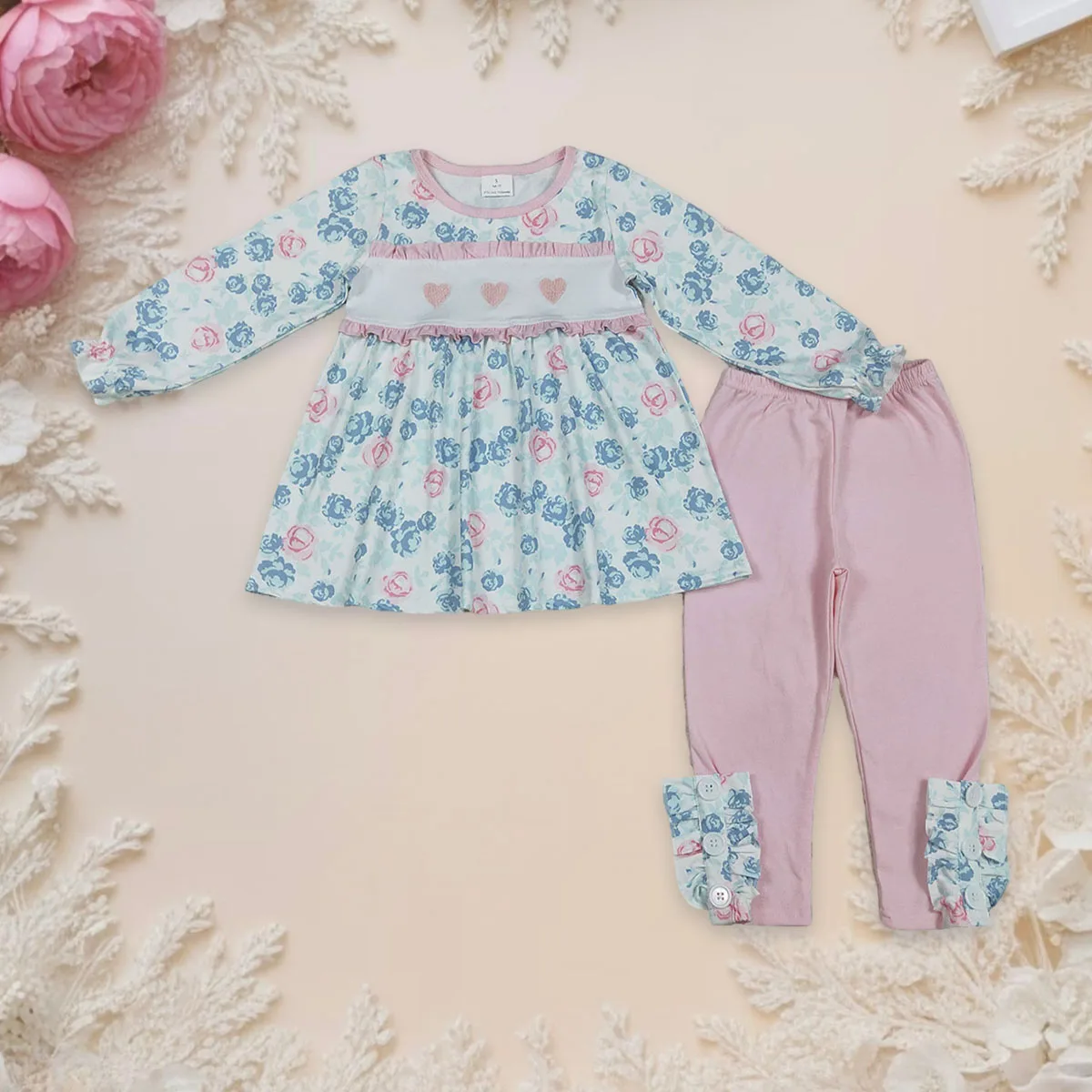 

Kids Set Baby Girl Long Sleeve Tunic Top Clothes Children Embroidery Hearts Flowers Legging Pants Spring Outfits Wholesale