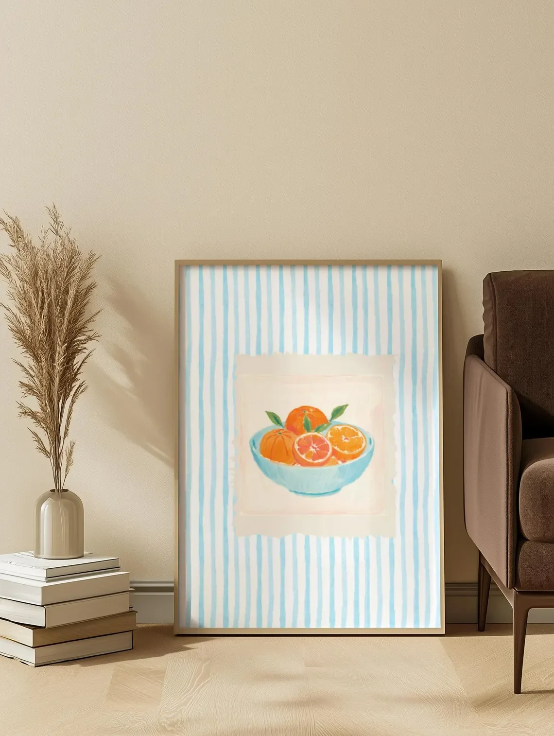 Serene Citrus Still Life Wall Art - Dreamy Watercolor Print Capturing the Warmth of Fresh Oranges. The cool blue stripes and sof
