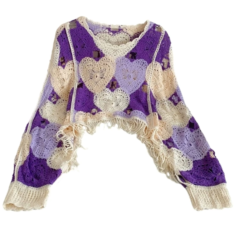 Women Long Sleeve Tassels Hem Pullover Crop Top Heart Pattern Hollow Out Crochet Knit Loose Sweater Cover Up