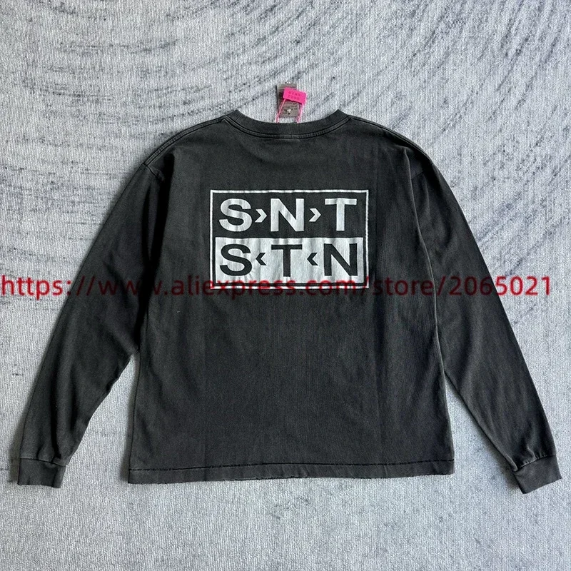 Vintage Washed Black Saint Long Sleeved T-Shirt Men Women Classic Crack Logo Print Oversized T Shirt Top Tee