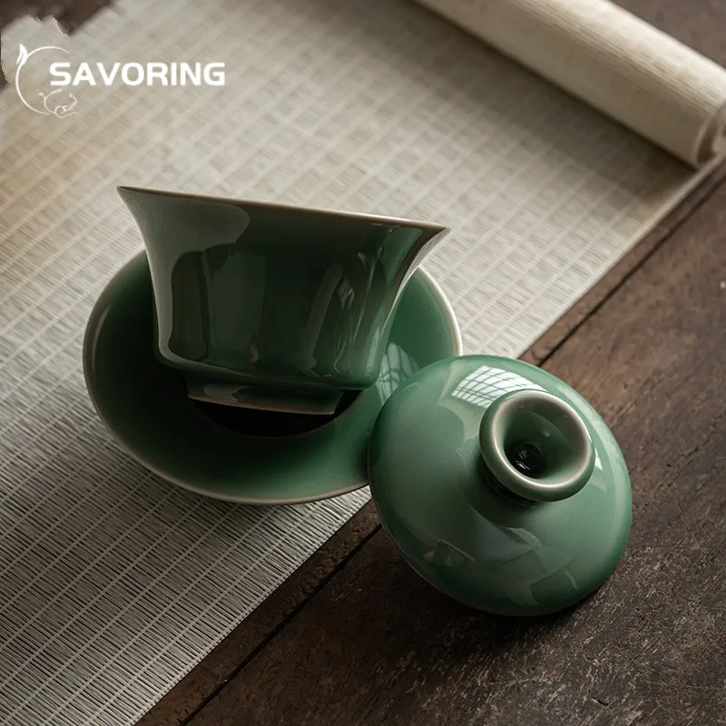 150ml Retro Celadon Sancai Tea Tureen Chinese Antique Ceramic Lid Bowl Tea Making Soperas Large Gaiwan Gong Fu Strainer Teaset