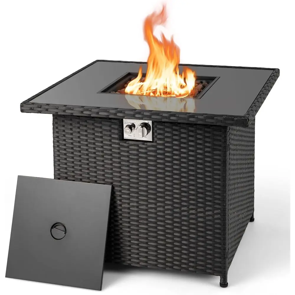 

Уличный газовый стол-очаг на пропане 32.5 дюйма с плетеным дизайном, столешницей из закаленного стекла, горелкой из нержавеющей стали, лавовыми камнями и крышкой