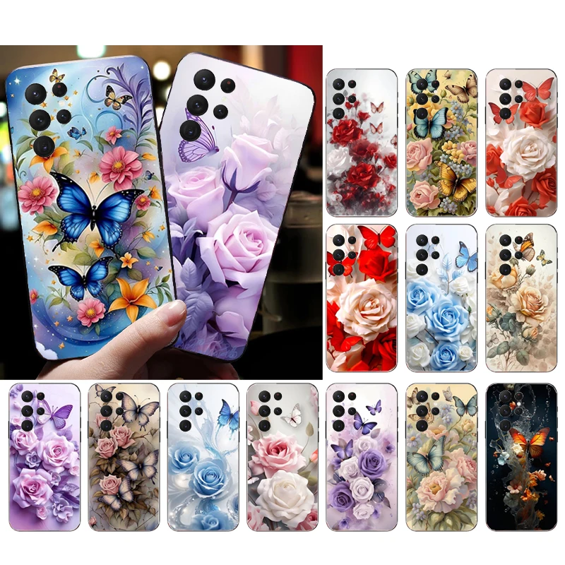 Butterfly Rose Flower Phone Case For Samsung S24 S23 S22 S21 S20 Ultra S20 S22 S21 S10E S20 FE S24 Plus