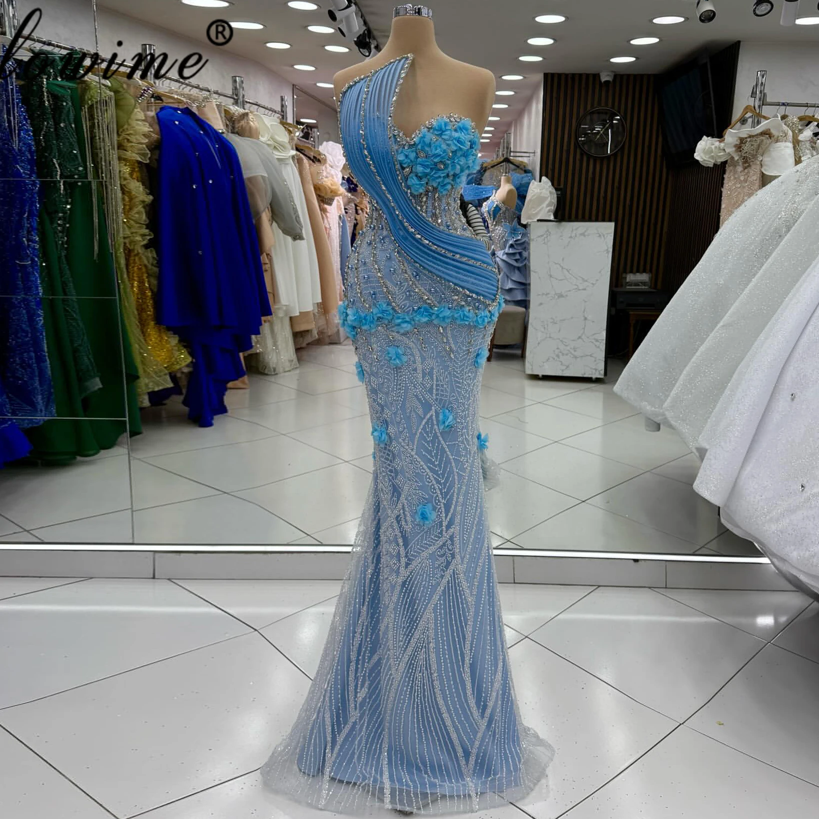 

Light Blue Strapless Mermaid Prom Dress Sweetheart Sleeveless Evening Dress 3D Flower Crystal Pearl Cocktail Dress Customized