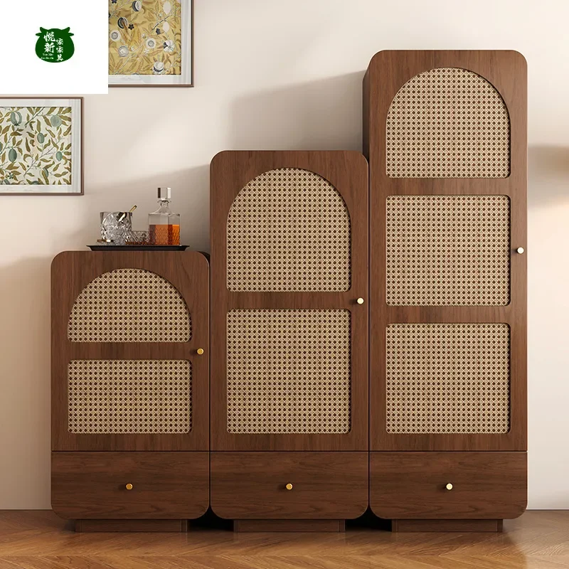 Retro Medieval Rattan Dining Side Cabinet Wine Display Storage Wall Mounted Vertical TV Cabinet Narrow Chest for Living Room