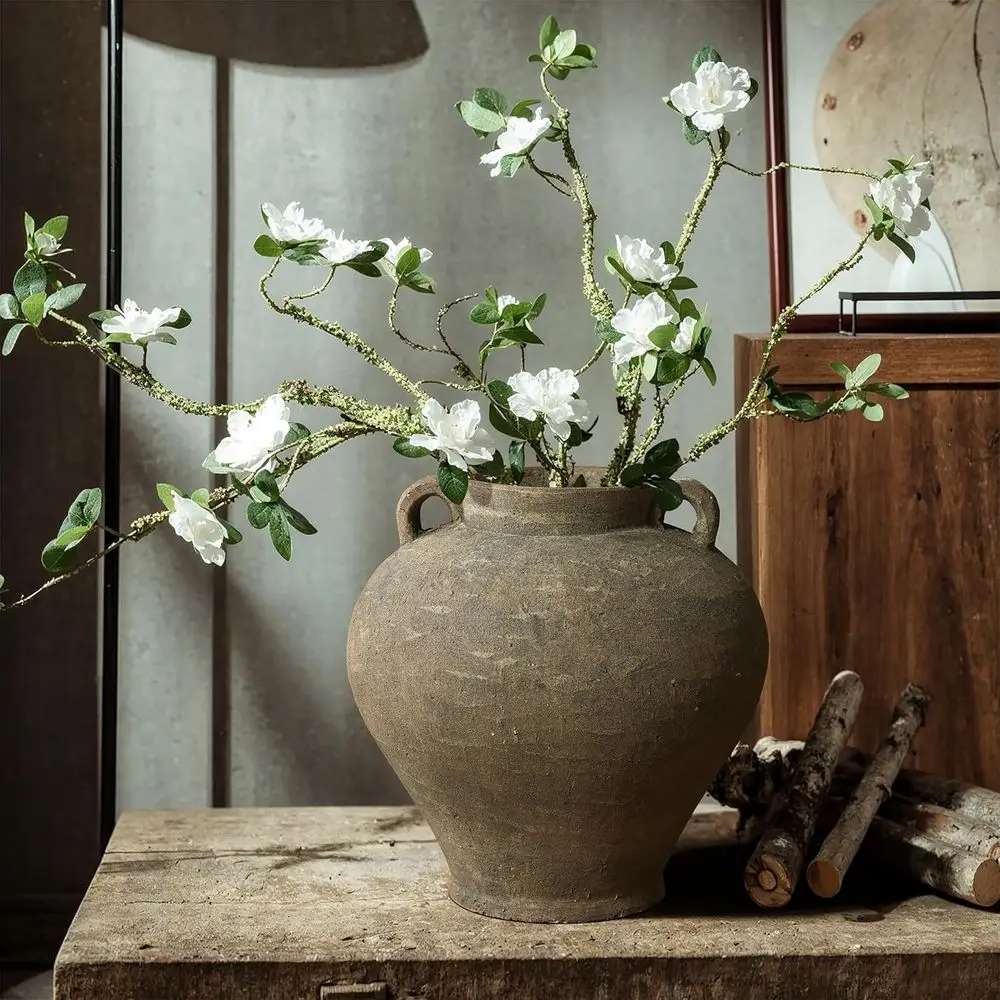 Rustic 14 Tall Brown Terracotta Flower Vase, Large Vintage Ceramic Decor for Farmhouse Style Dining and Living Room