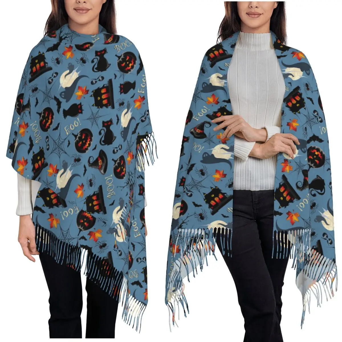 Halloween Black Cat Spider Gothic Witch Scarf Tassel Scarves Women Soft Warm Shawls and Wraps Large Fall Winter Shawl Wrap