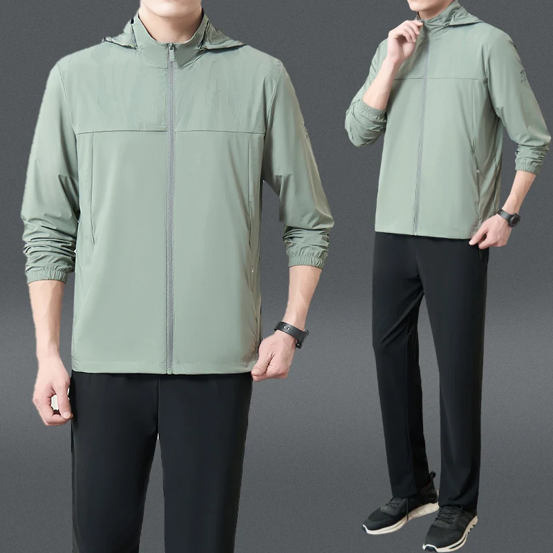 

Мужская летняя одежда с защитой от ультрафиолета: легкая повседневная куртка и брюки из ледяного шелка свободного кроя с длинными рукавами и штанинами для среднего возраста.