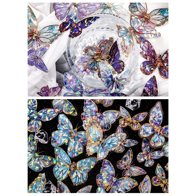 20Pcs PET Stickers Crystal Laser Gold Butterfly Decorative Sticker Scrapbooking Material Label Diy Diary Phone Journal Planner