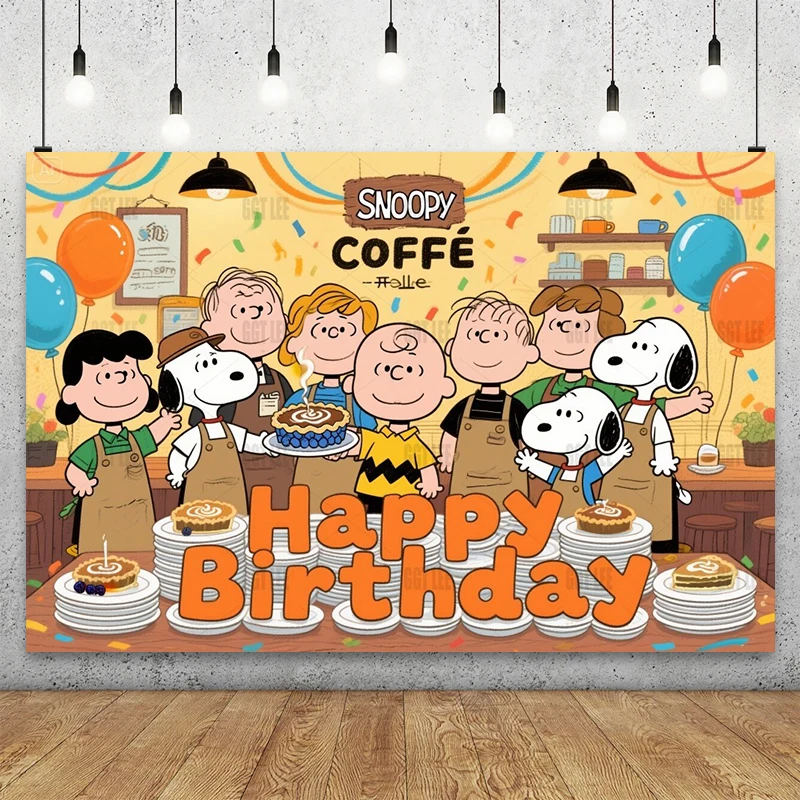 

MINISO Snoopy Cafe Backdrop Background Banner Vinyl with Woodstock Latte Art Charlie Brown Happy Birthday Photography Custom