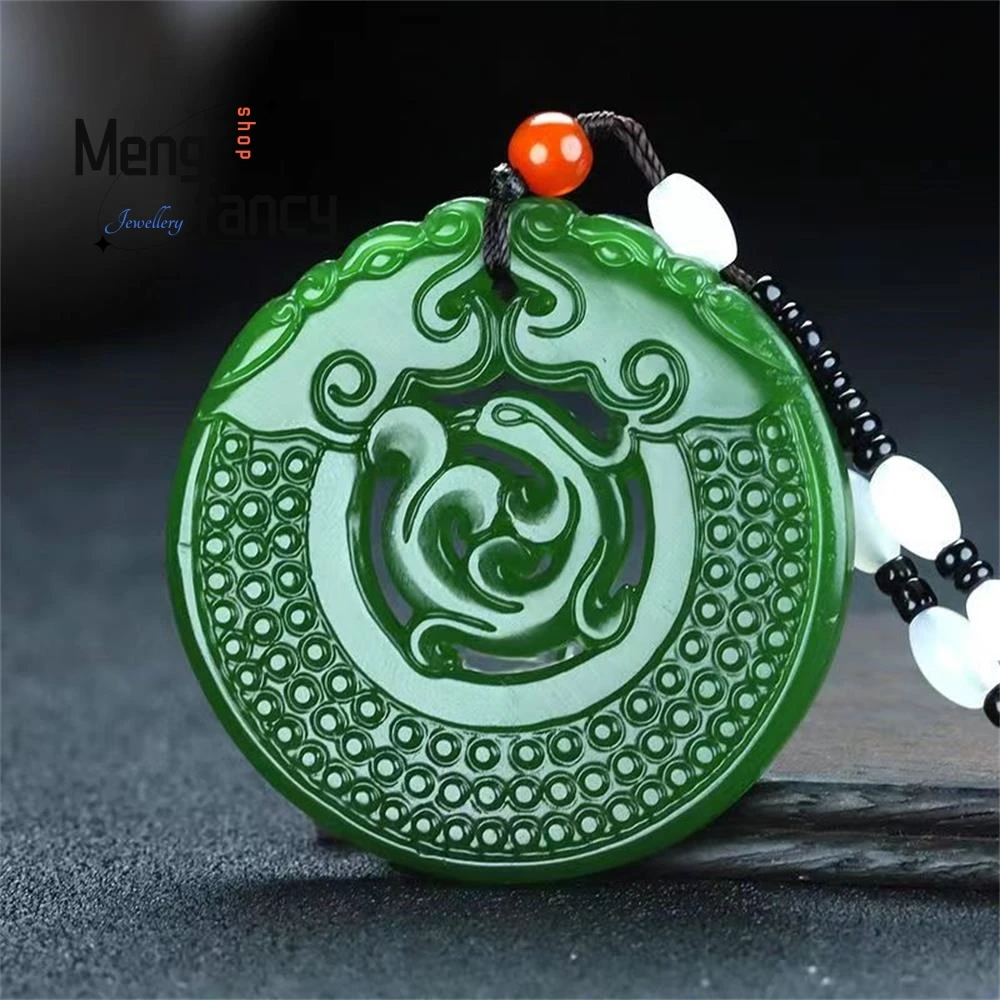 

Natural Hetian Jasper Spinach Green Zodiac Dragon Openwork Jade Plaque Pendant Simple Exquisite Retro Handicraft Fashion Jewelry