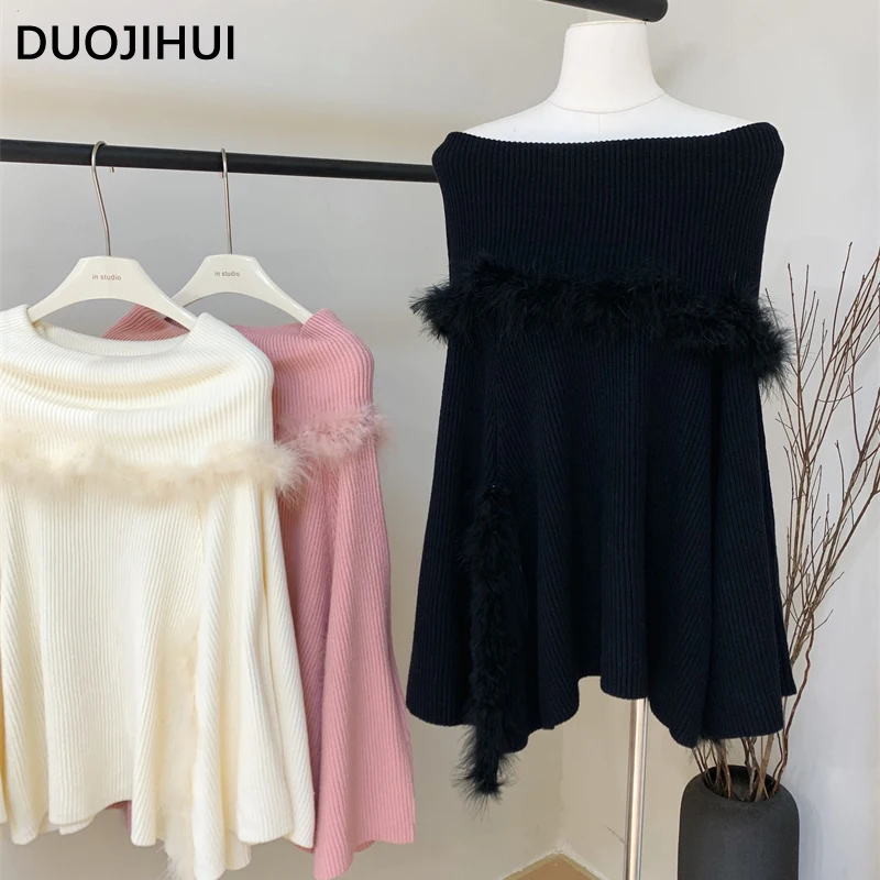 DUOJIHUI-suéter elegante para mujer, Ponchos básicos a rayas de manga larga, holgados, de Color puro, Ponchos informales a la moda, novedad