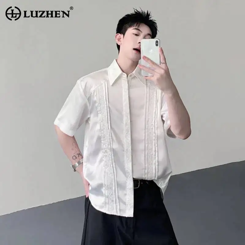 LUZHEN 2026 Summer Pleated High Pattern Quality Satin Embroidery Design Short Sleeve Shirts Men's Trendy Elegant Clothes JY8163