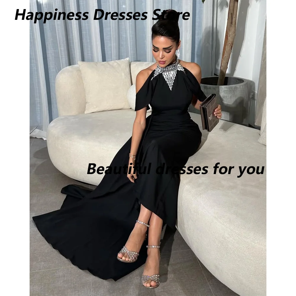 Schwarzes Abendkleid, maßgeschneidert, Kristall, Stehkragen, knöchellang, Trompete, Abendkleid, saudi-arabische Midi-Meerjungfrau-Abendkleider