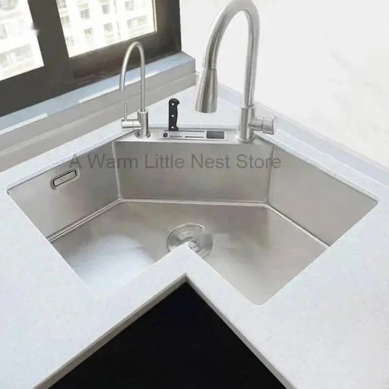 

Modern Small Apartment Special Washing Sink L-shaped Stainless Steel Corner Kitchen Sinks Large Single Sink Kitchen Accessories
