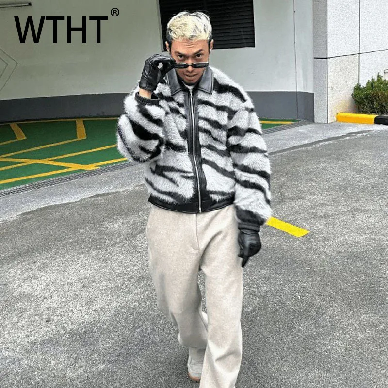 

WTHT модные мужские пальто из искусственного меха в полоску из сращенной кожи, модные контрастные цвета, мужские куртки с отложным воротником, осень 2023, 2A2282
