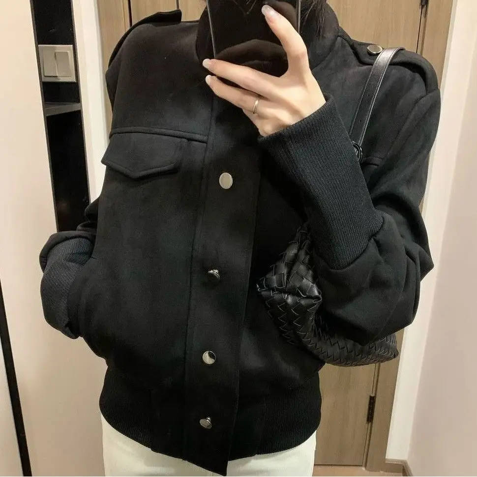 Vintage Suede Stand Collar Women 2026 Spring Autumn Loose Slimming Casual Student Coat Outerwear