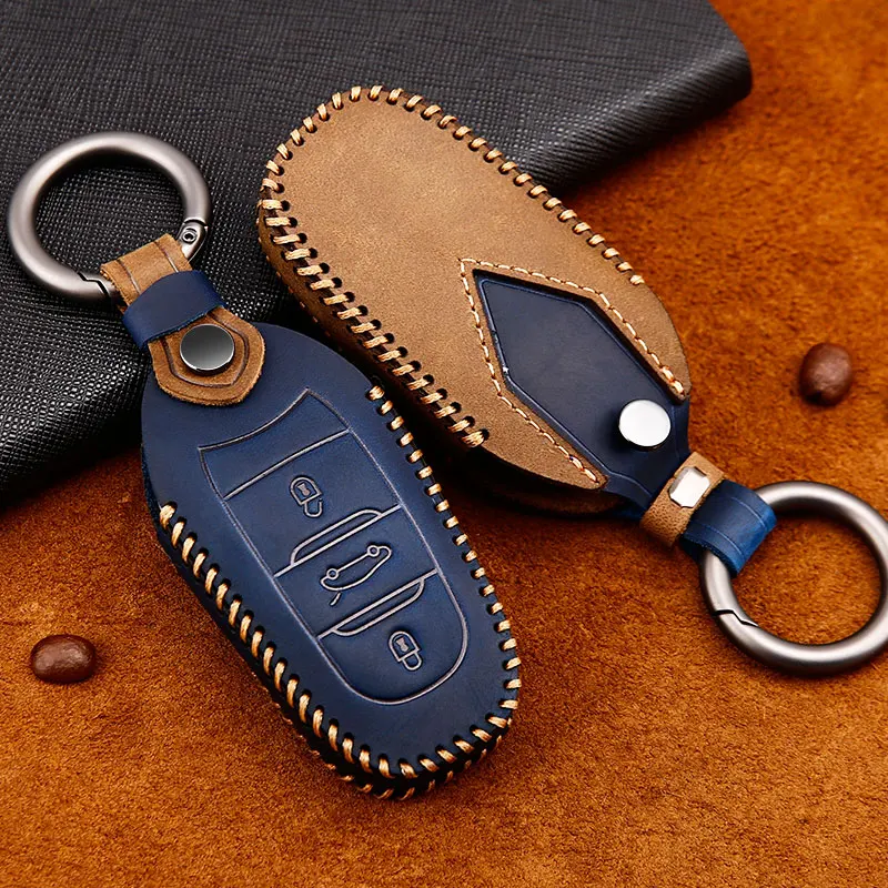 

Crazy Horse Leather Car Key Full Cover Keychain Case Fob For Peugeot 2008 3008 4008 5008 208 308 T9 408 508 Interior Accessories