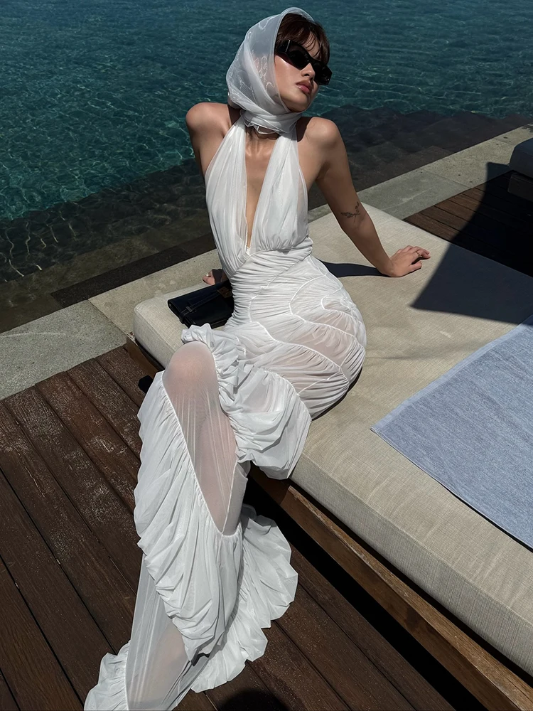 Gala Dreamy Glamour Sheer White Ruffle Halter Backless Dress para Gardem Party Sexy Dress