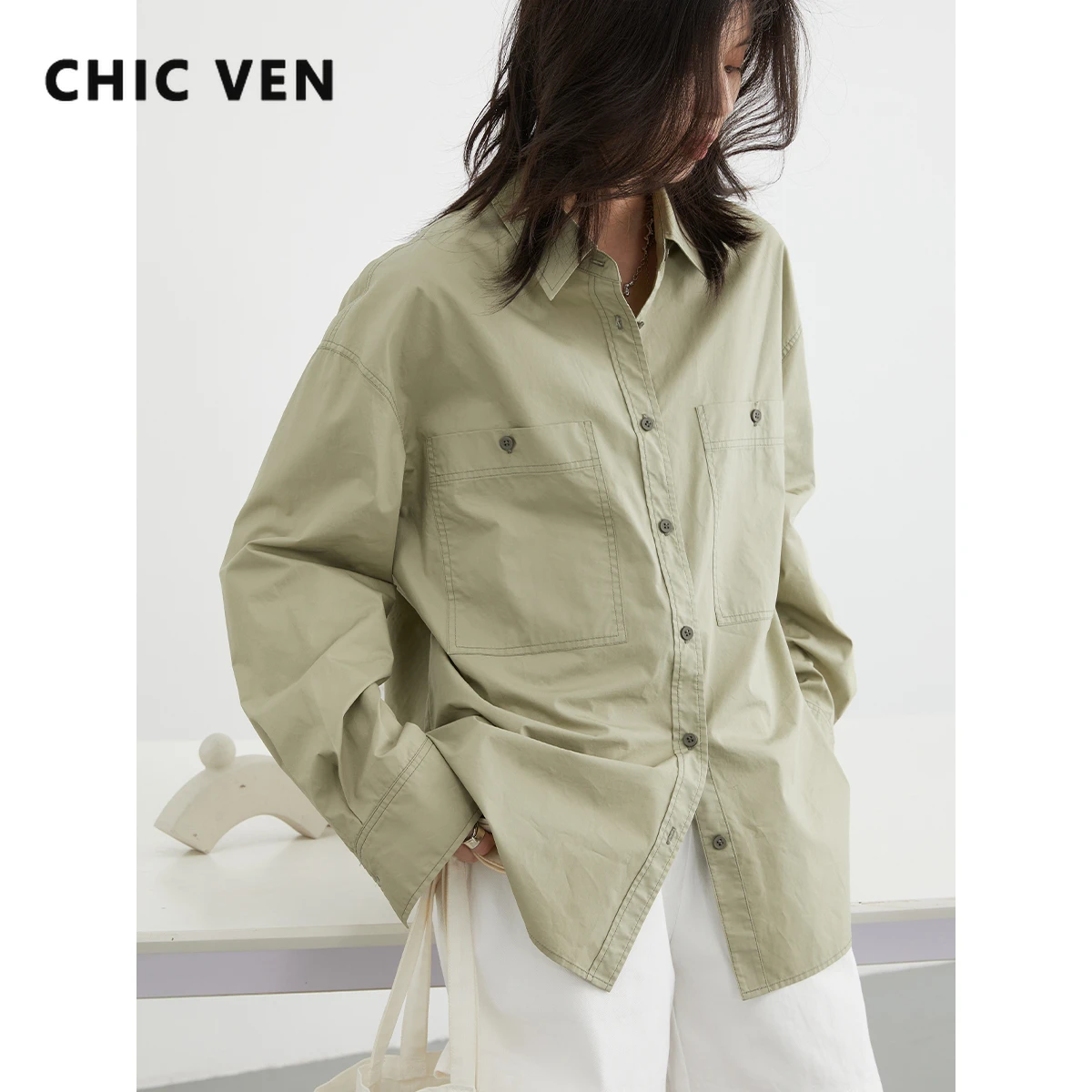 

CHIC VEN Women Shirt Solid Long Sleeve New Contrast Line Blouses Double Pocket Top Long Sleeve Layup Shirt Spring Autumn 2023