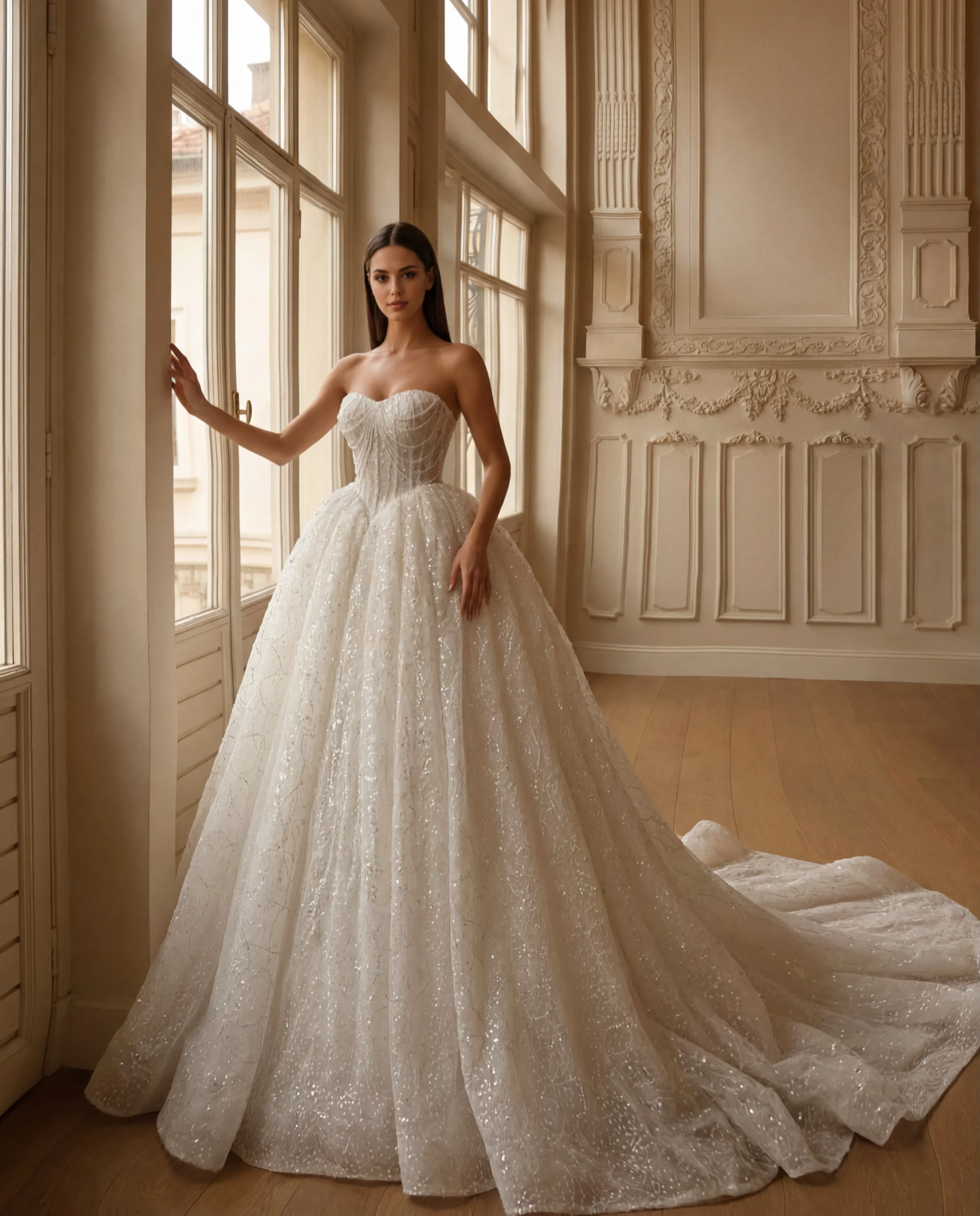 Customized Luxury Sweetheart Shining Wedding Dress Ball Dress Strapless Beaded Tight corset Church Train Tulle Bride Dress