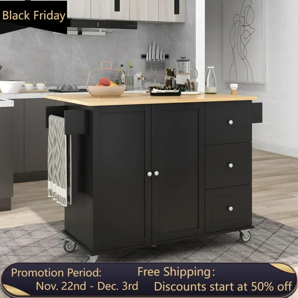 Kitchen Island Cart with Storage, Rolling Island with Drop Leaf, Kitchen Island on Wheels with 3 Drawers and Storage Cabinet