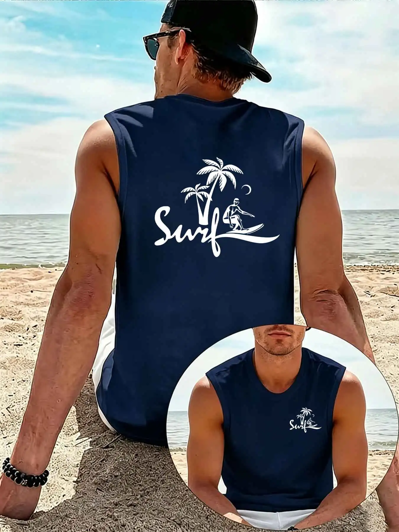 Surfing pattern vest, round neck sleeveless T-shirt, breathable beach exercise vest, summer casual back printed vest