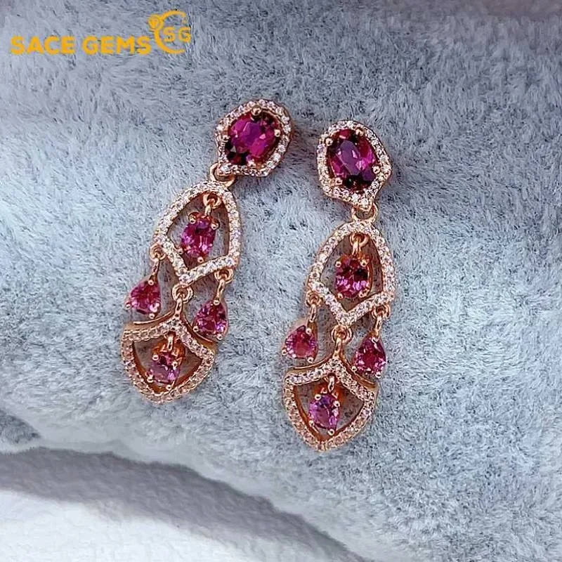 

SACE GEMS Fashion Drop Earrings for Women 925 Sterling Silver 3*4MM Natural Garnet Stud Earrings Wedding Party Fine Jewelry Gift