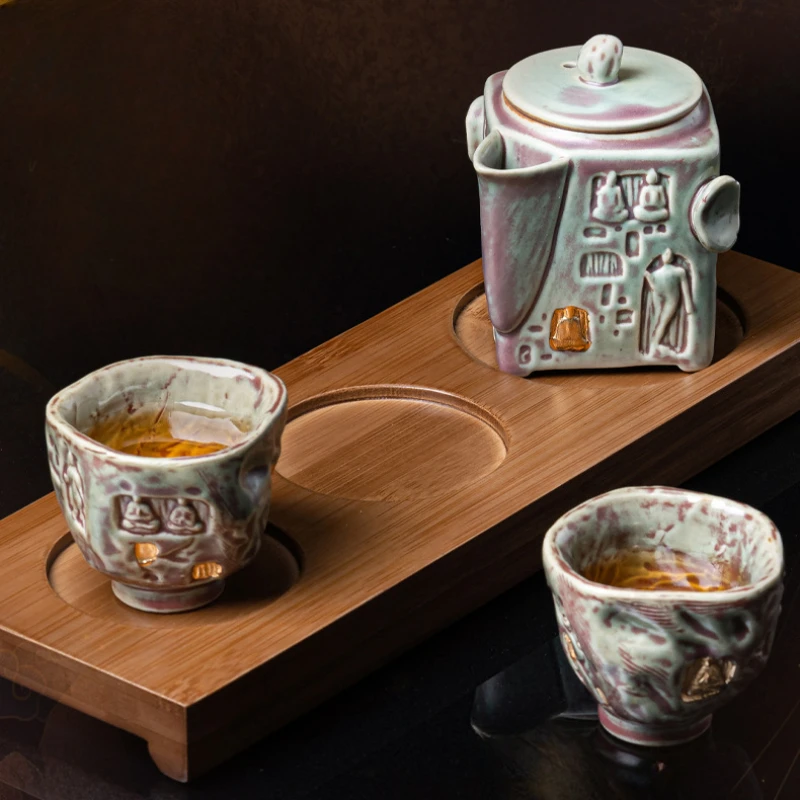 One Pot and Two Cups Souvenir Chinese Retro Household Teapot Meet Dunhuang Kung Fu Tea Set Travel Cup Teaware Kitchen Dining Bar