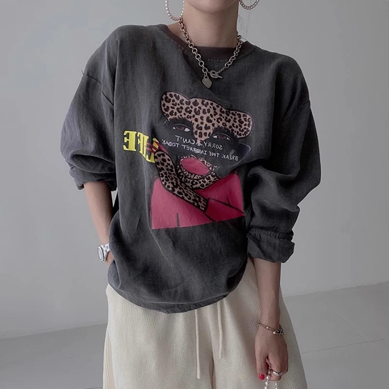 

Chic Vintage round Ne Long Sve Printed Loose Base Layer Top for Spring Casual Versatile T-irt Korean Sle