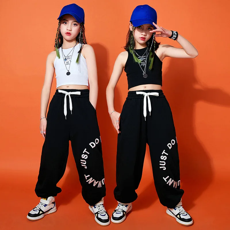 Kid Kpop Hip Hop Clothing Crop Tank Top Vest Streetwear Letters Casual Sweat Jogger Pants for Girls Jazz Dance Costume Clothes