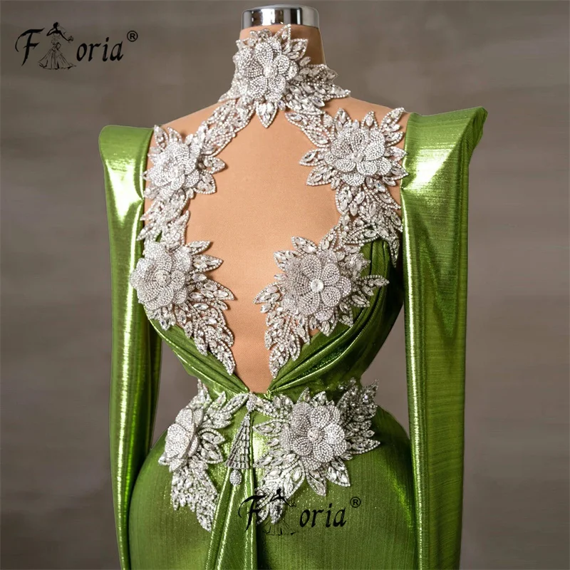 Elagant Green Beaded Mermaid Evening Dress 3D Flowers Crystal Glossy High Qualtiy Farbic Formal Occasion Gowns Front Tail Gala