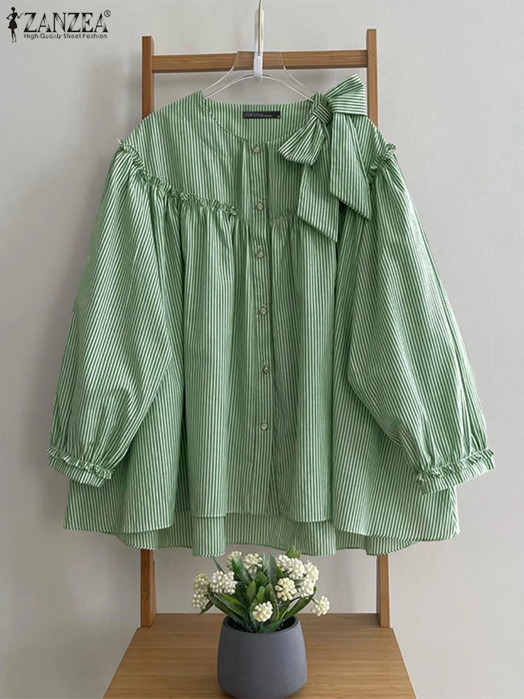 

ZANZEA Women Shirt Long Sleeve Summer Spring Stripe Ruffles Bow Fashion Tops Tee Casual Blusas Buttons Tunic Streetwear Oversize