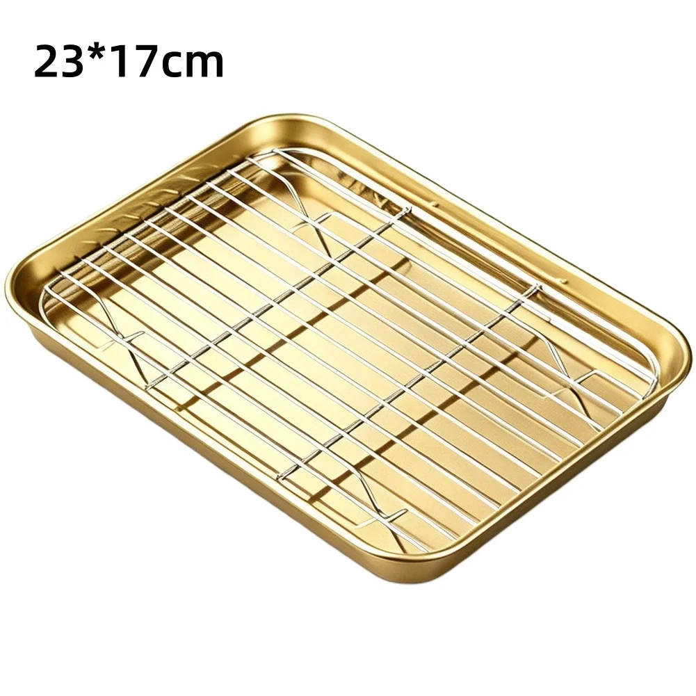 Gold Stainless Steel Rectangular Grill Tray with Oil Drain Mesh Rack for BBQ Grilling Baking and Post-Cook Food Draining