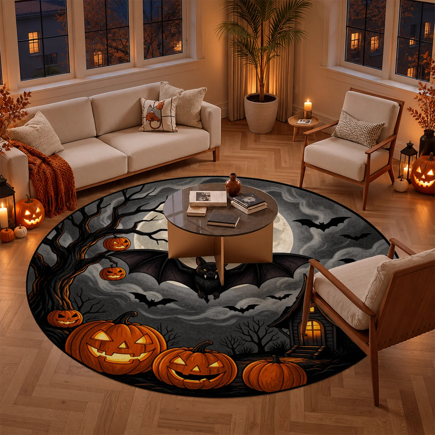 Halloween Bat Jack-O-Lantern Moon Haunted House Round Velvet Area Rug, Machine Washable Soft Floor Mat, Perfect for Living Room Bedroom Entryway Party Decor, Great for Halloween Thanksgiving Christmas New Year Celebrations