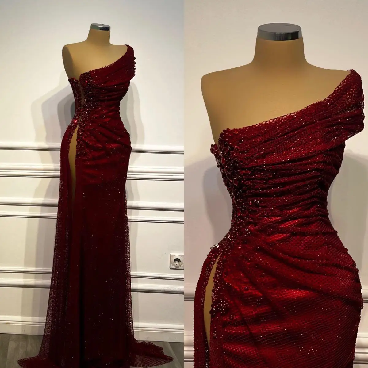Luxury Beaded Red Evening Dress One Shoulder Mermaid Gown Party Prom Customized Formal Sheer Dress B263127