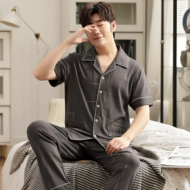 Summer Knitted Cotton Men Sleepwear Suit Short Tops+Long Pants Two Pieces Set Mens Pajamas Leisure Soft Male Homewear Clothing