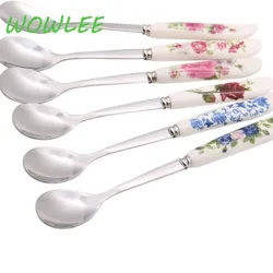 5Pcs/Set Stainless Steel Ceramic Handle Tea Spoon Creative Coffee  Honey Dessert Ice Cream  Small Teaspoon 15*2.6cm