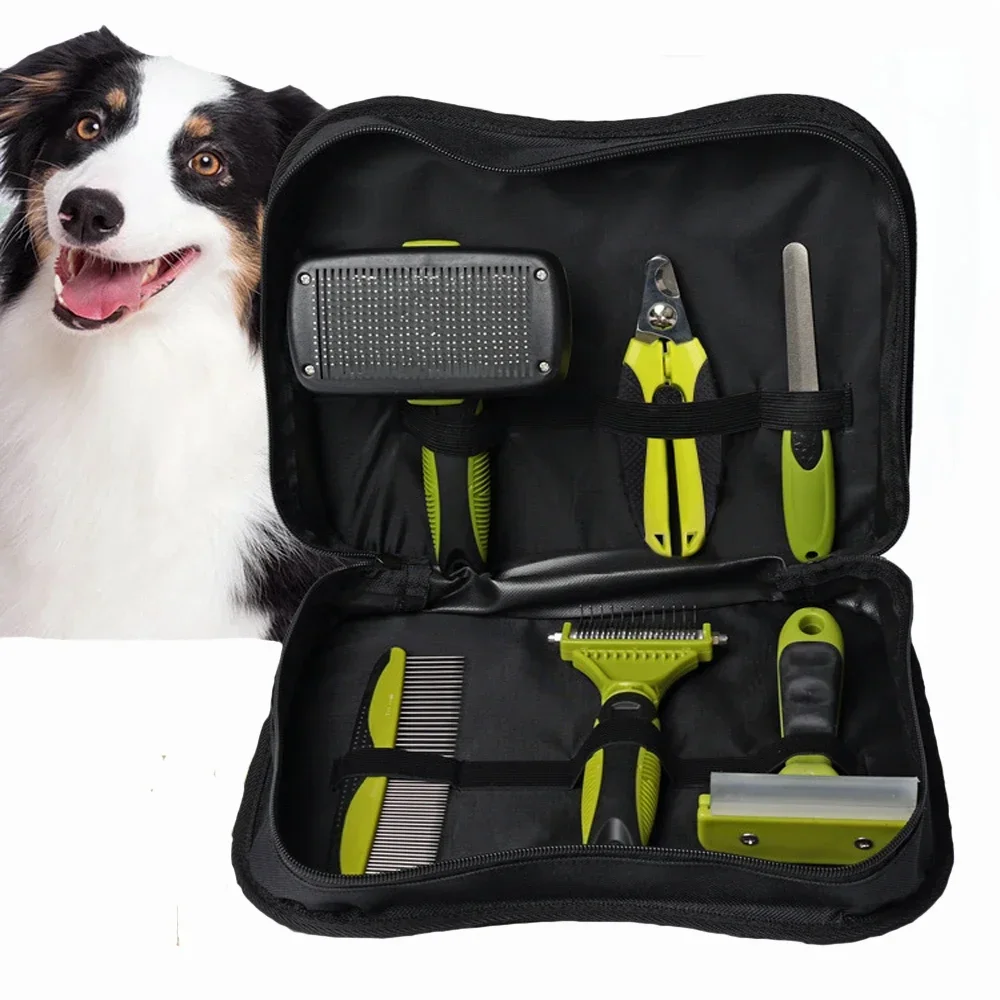 Dog Cat Grooming 6 in 1 Contains Slicker Brush  Deshedding Tool Dog Dematting Detangling Brush Grooming Comb Nail Clipper