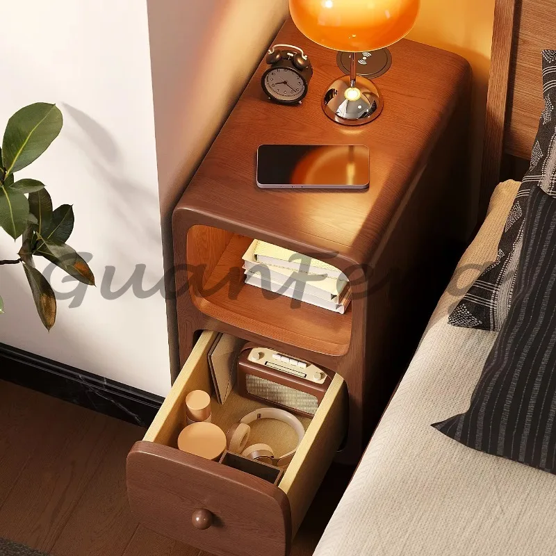 Solid Wood Minimalist Nightstand with Ultra-Slim Narrow Design for Spaces，Compact Storage Organizer for Rental Apartment Bedroom